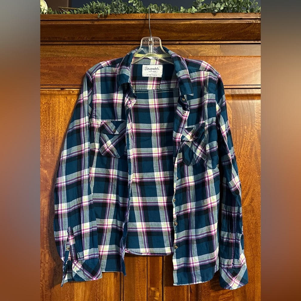 Aeropostale Women’s Navy and Purple Plaid Shirt